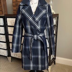 Madison Navy White Plaid Trench Coat Jacket Pink Lining